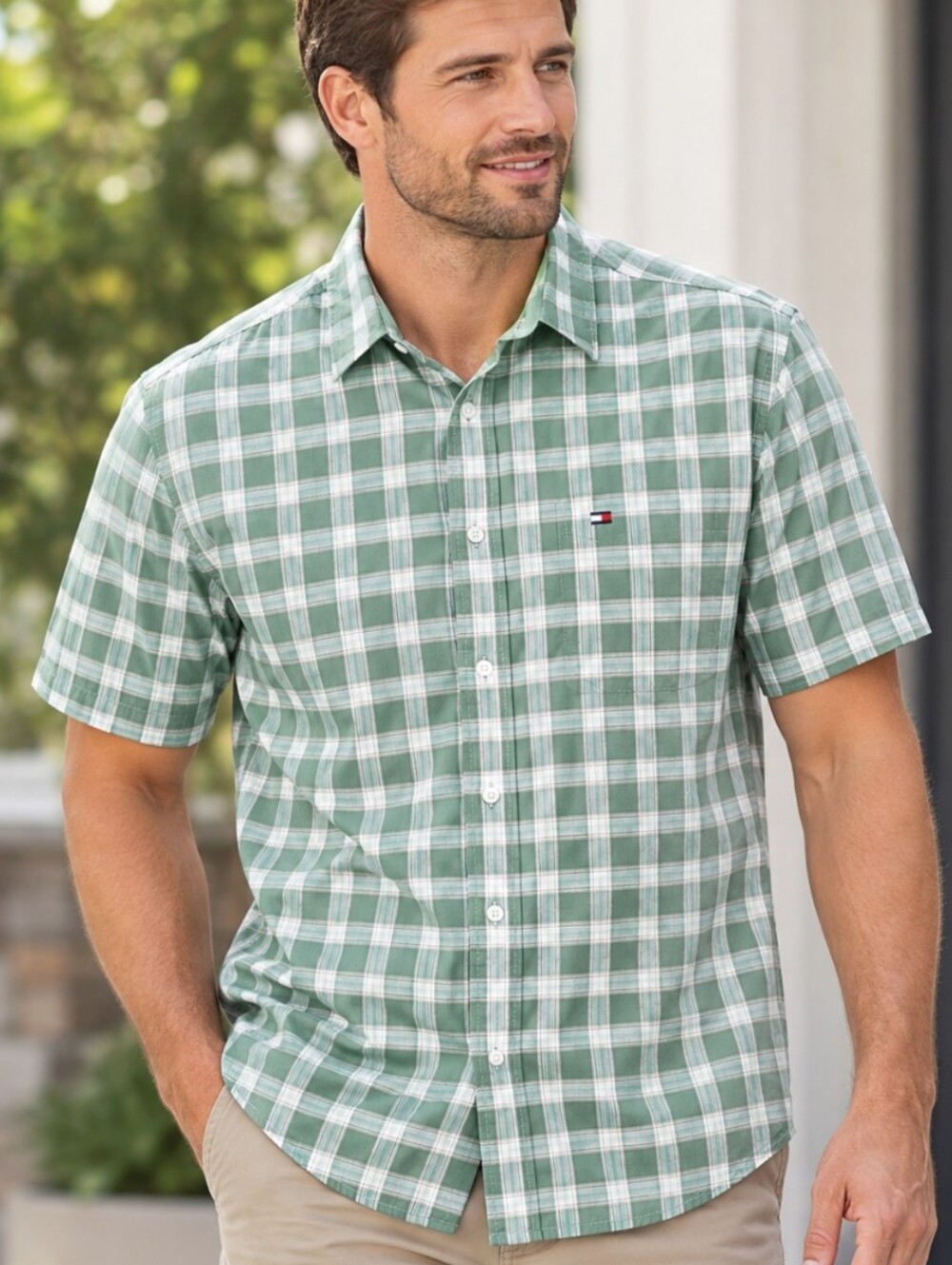 Tommy Hilfiger Green Plaid Short Sleeve Button Up